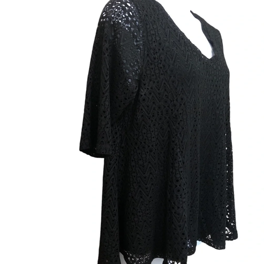 LaVanya Women’s Lace Eyelet Swing Top 1X Black Built-in Tank Top Half Sleeve - Picture 2 of 8